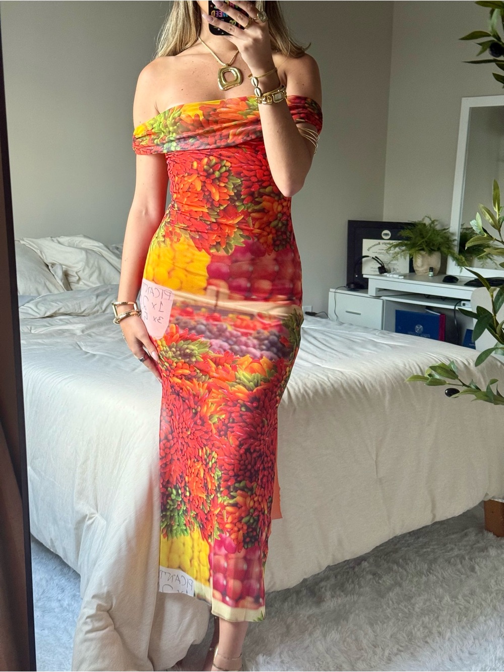Zara Off-Shoulder Fruits & Veggies Bodycon Maxi Dress